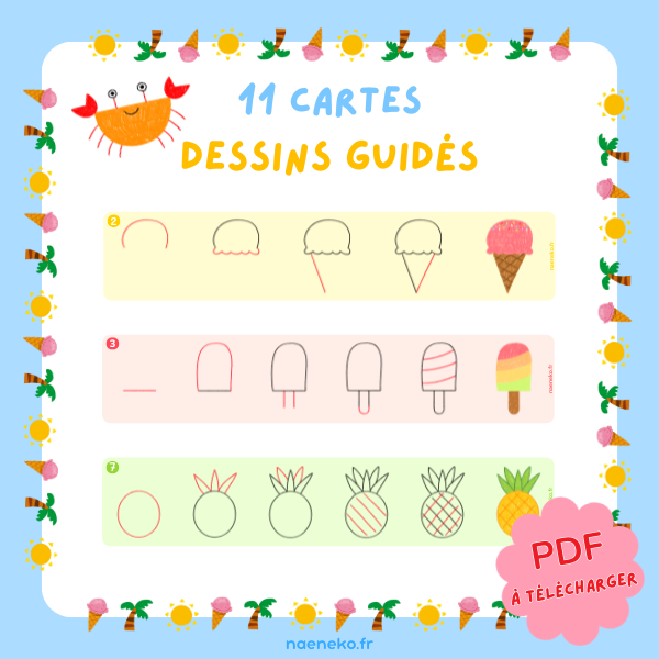 11 Cartes - Dessins Guidés Été 🍉🌴