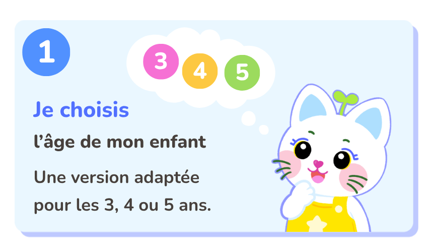 Abonnement Naeneko Magazine.
étape 1 : Je choisis l’âge de mon enfant. Une version adaptée
pour les 3, 4 ou 5 ans.