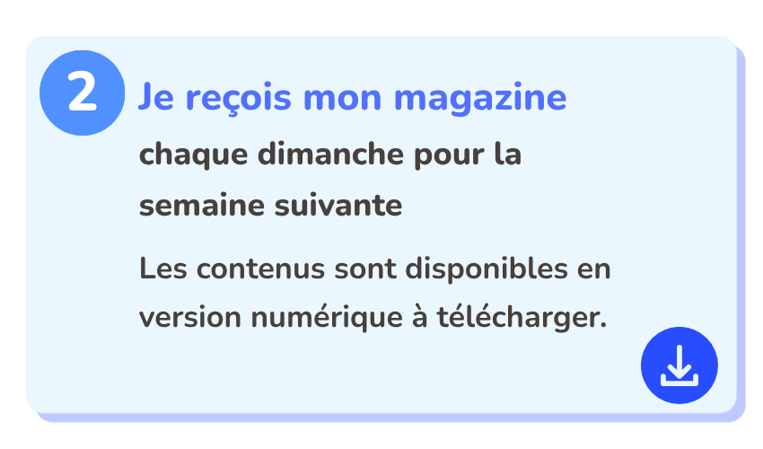 Abonnement Naeneko Magazine.
étape 2 : Je reçois mon magazine chaque dimanche pour la semaine suivante. Les contenus sont disponibles en version numérique à télécharger.