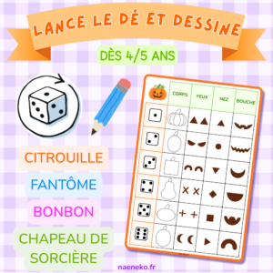 lancer le dé et dessiner des éléments d'halloween : citrouille, fantôme, bonbon, chapeau de sorcière - activité maternelle